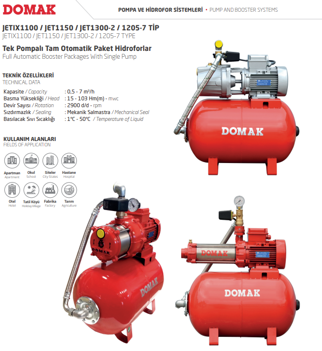 JETIX1100 / JET1150 / JET1300-2 / 1205-7 TİP Tek Pompalı Tam Otomatik Paket Hidroforlar