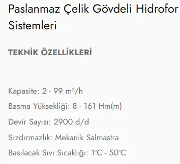 205 - 208 - 212 - 216 - 225 Tipi Paslanmaz Çelik Gövdeli Hidrofor Sistemleri