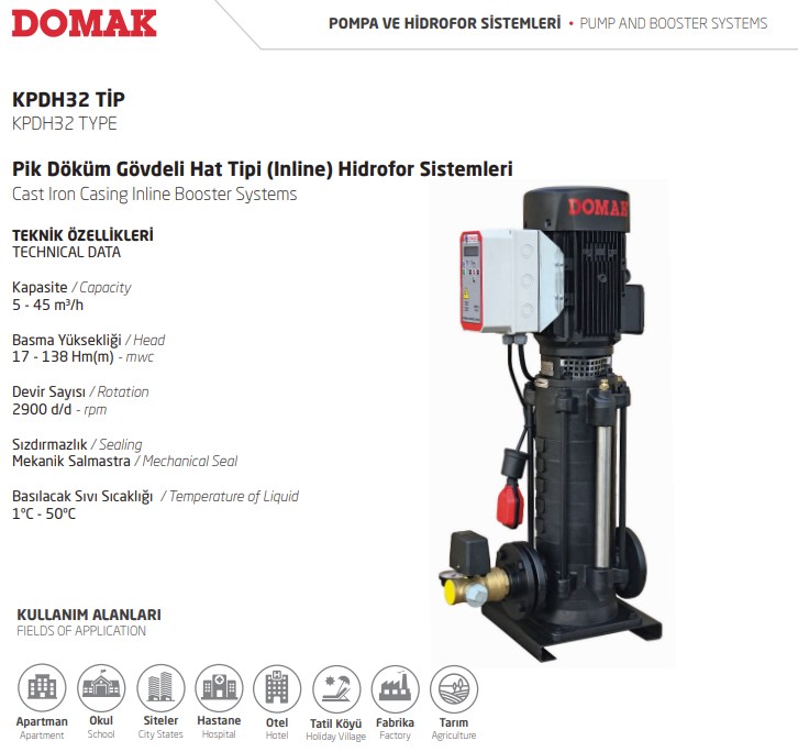 KPDH TİPİ  Pik Döküm Gövdeli Hat Tipi (Inline) Hidrofor Sistemleri