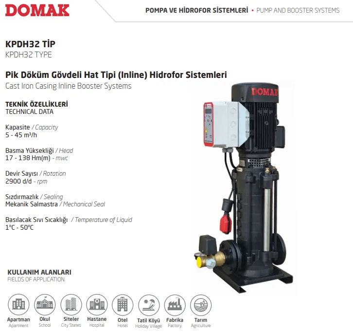 KPDH TİPİ  Pik Döküm Gövdeli Hat Tipi (Inline) Hidrofor Sistemleri