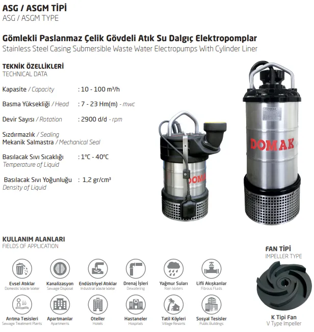 ASGM2257 / ASG3257/ ASG3407 Tipi Gömlekli Paslanmaz Çelik Gövdeli Atık Su Dalgıç Elektropomplar