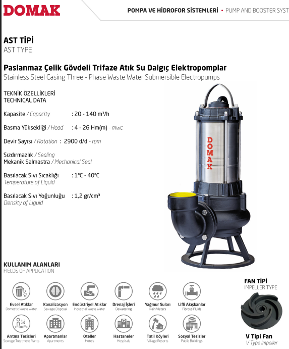 AS-ASM-AST Tipi Paslanmaz Çelik Gövdeli Atık Su Dalgıç Elektropomplar