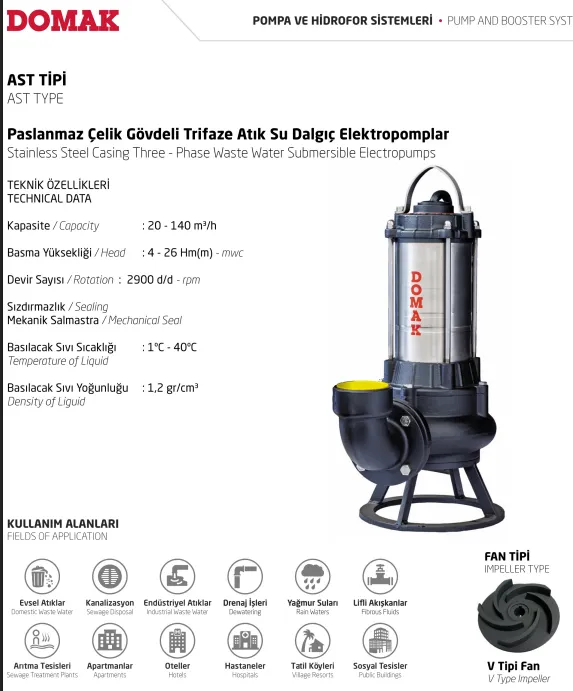 AS-ASM-AST Tipi Paslanmaz Çelik Gövdeli Atık Su Dalgıç Elektropomplar