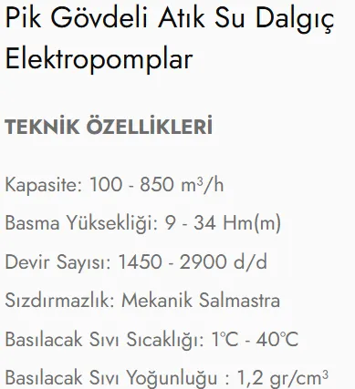 AST535-AST680-AST885 Tipi Pik Gövdeli Atık Su Dalgıç Elektropomplar