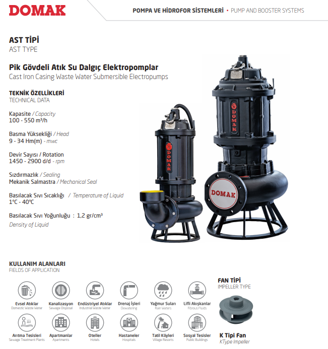 AST535-AST680-AST885 Tipi Pik Gövdeli Atık Su Dalgıç Elektropomplar