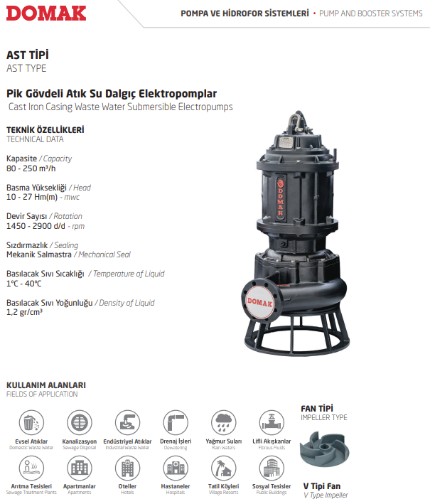 AST535-AST680-AST885 Tipi Pik Gövdeli Atık Su Dalgıç Elektropomplar