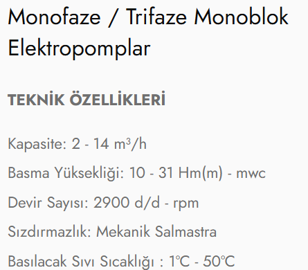 Monofaze / Trifaze Monoblok Elektropomplar