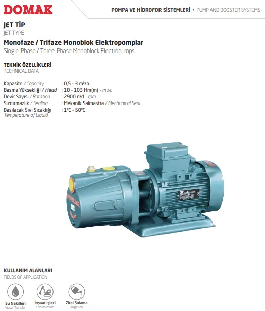 JET Tip Monofaze / Trifaze Monoblok Elektropomplar