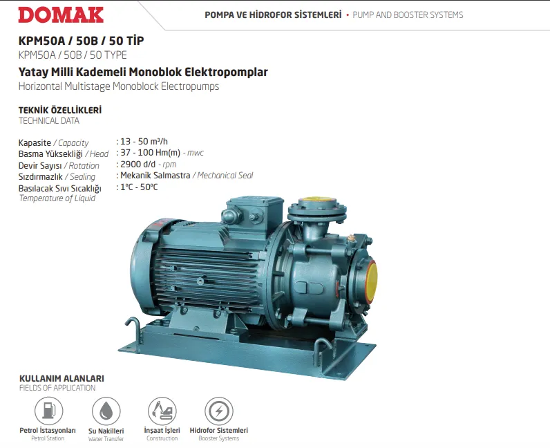 KPM50A / 50B / 50 Tip Yatay Milli Kademeli Monoblok Elektropomplar