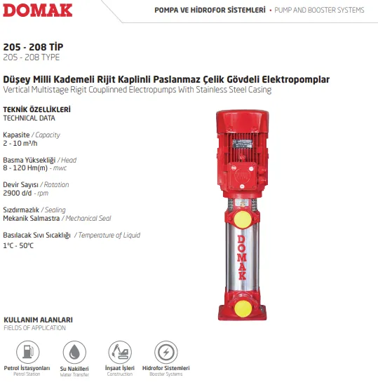 205 - 208 Tip Düşey Milli Kademeli Rijit Kaplinli Paslanmaz Çelik Gövdeli Elektropomplar