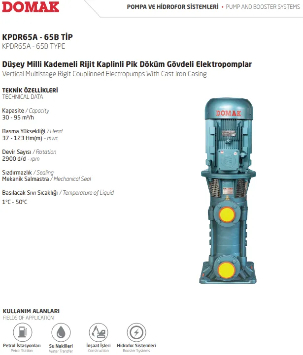KPDR65A - 65B Tip Düşey Milli Kademeli Rijit Kaplinli Pik Döküm Gövdeli Elektropomplar