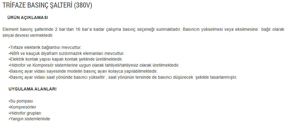 Element Basınç Şalterleri Trifaze 380 v