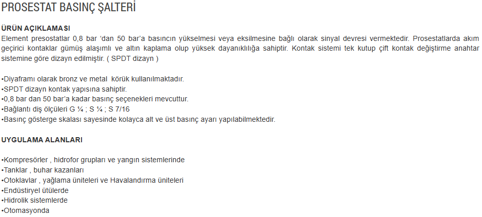 Element Prosestat Basınç Şalterleri