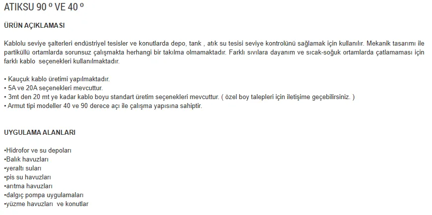 Element Seviye Flatörü Atıksu 90 ⁰ VE 40 ⁰