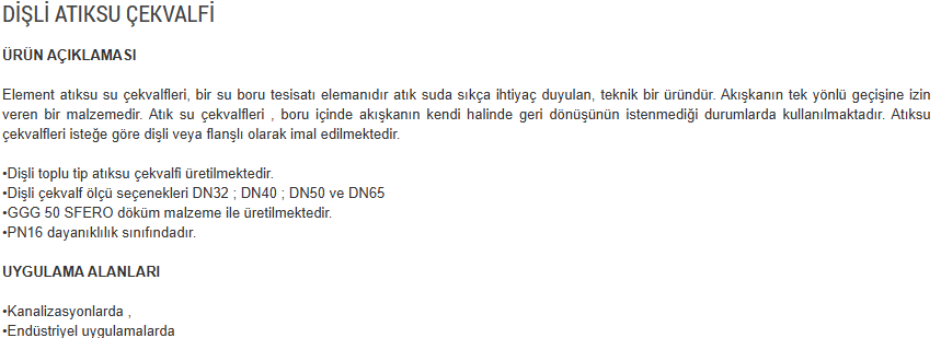 Element Dişli Atık Su Çekvalfi